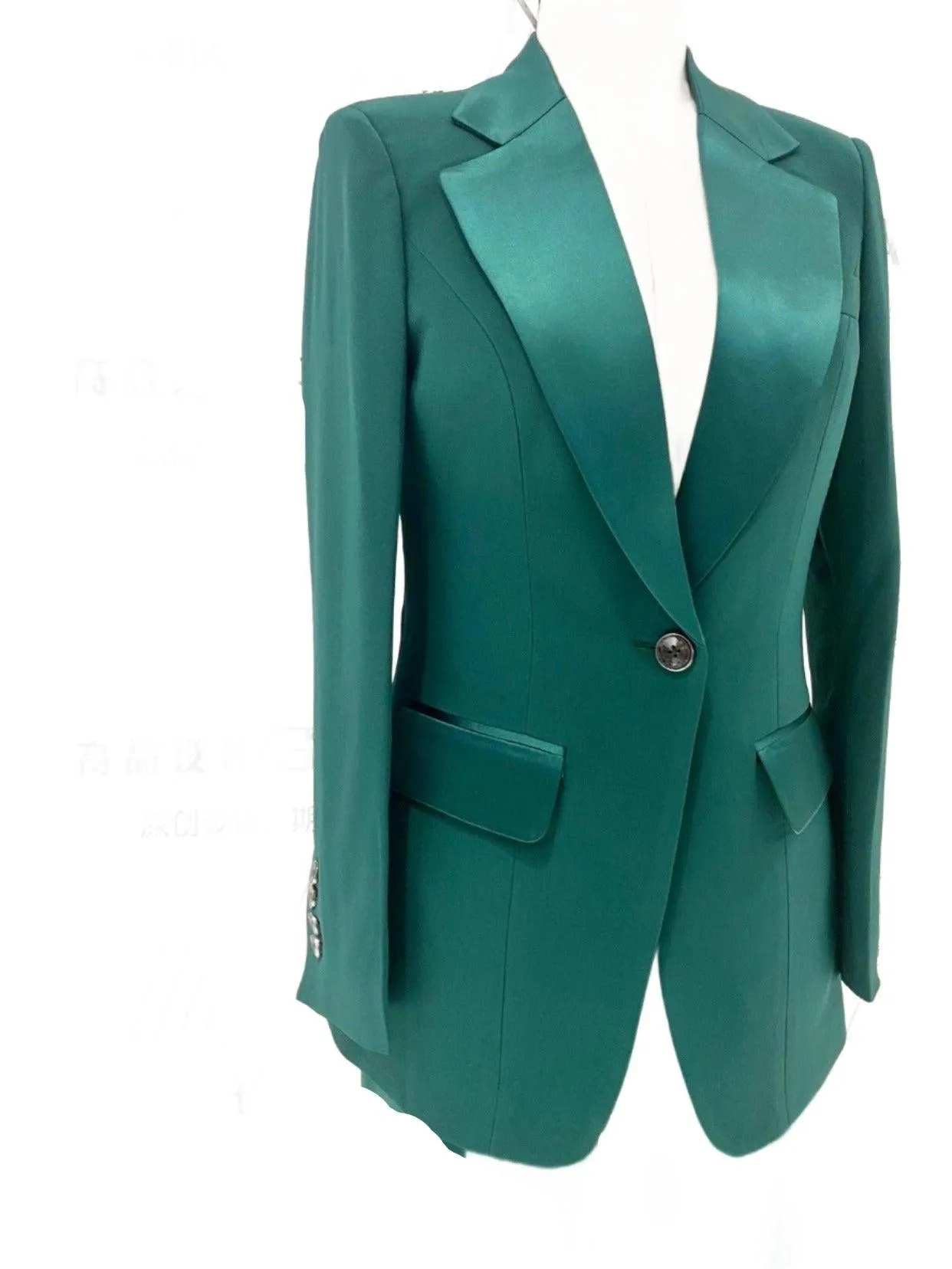 Green Silk Satin Women Pant Suit - Lapel Collar Trouser Suit