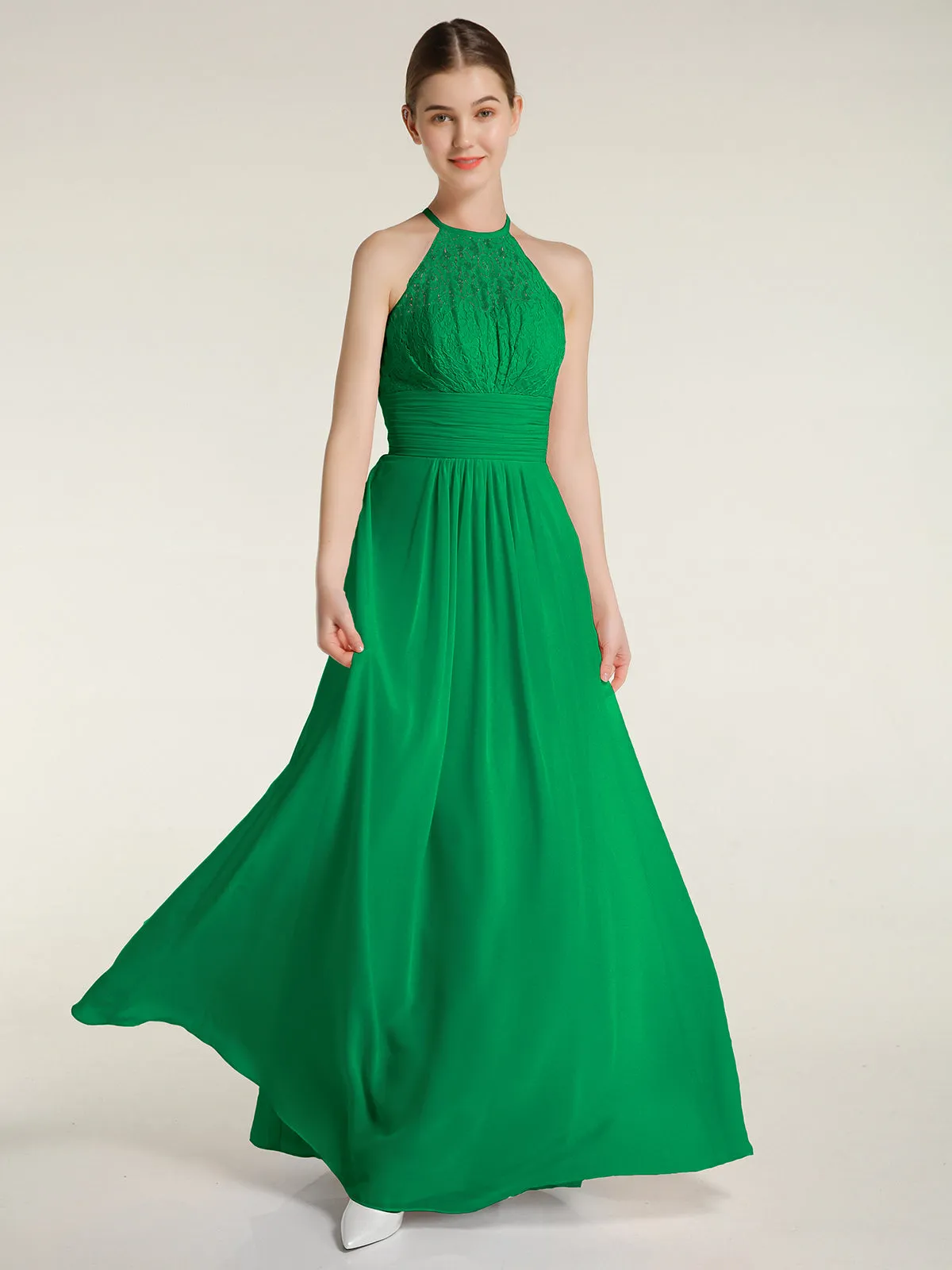 Halter Chiffon And Lace Long Dresses Emerald Plus Size
