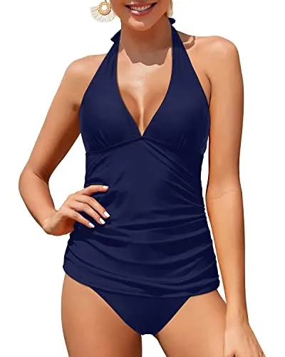 Halter Two Piece Tankini Bathing Suit For Pregnant Women-Navy Blue