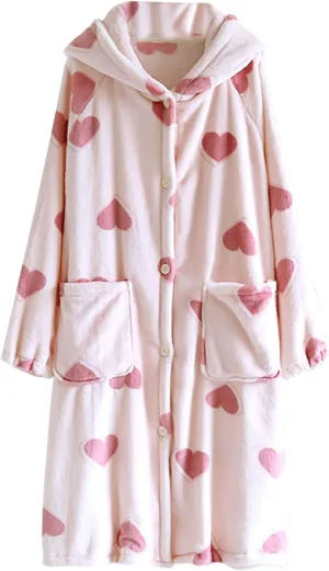 Heart Print Robe for Women Bath Robe Hooded Fleece Bathrobes Soft Plush Sleepwear Fluffy Warm Sherpa Shaggy Bathrobe