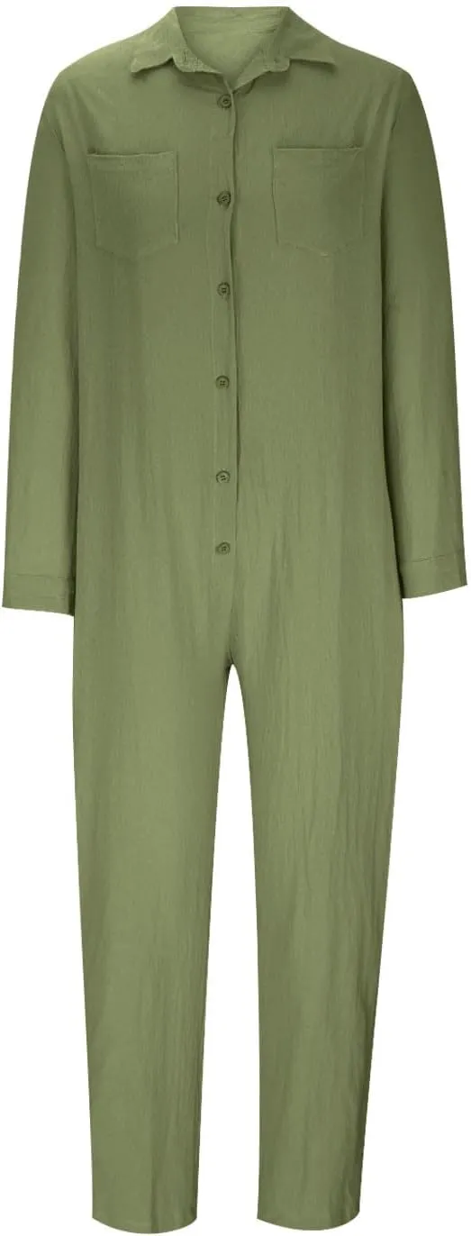 HGps8w One Piece Jumpsuits for Women Casual Cotton Linen Long Sleeve Button Down Coverall Jumpsuit Romper Overalls