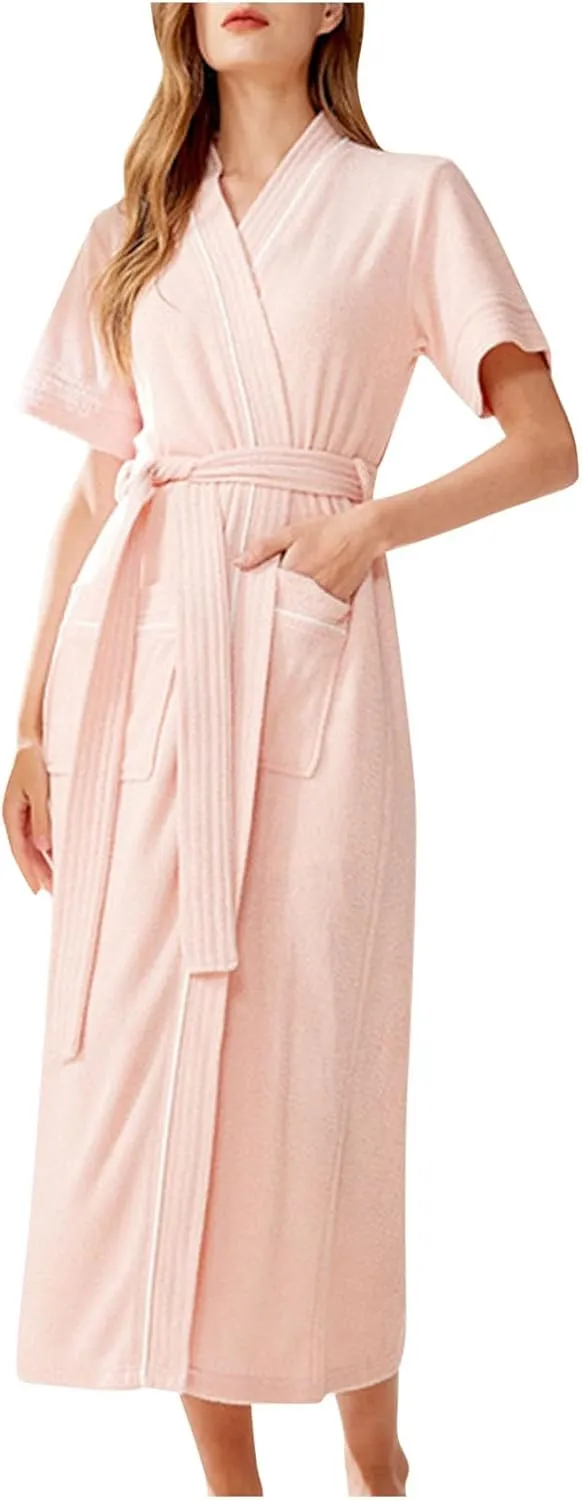 HGps8w Robes for Women Classic Long Spa Bathrobe Short Sleeve Soft Loungewear with Pockets