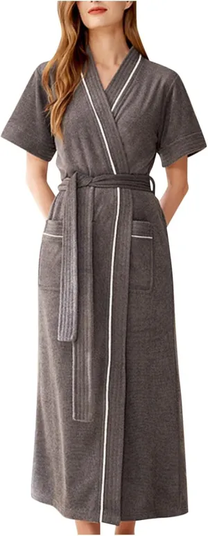 HGps8w Robes for Women Classic Long Spa Bathrobe Short Sleeve Soft Loungewear with Pockets