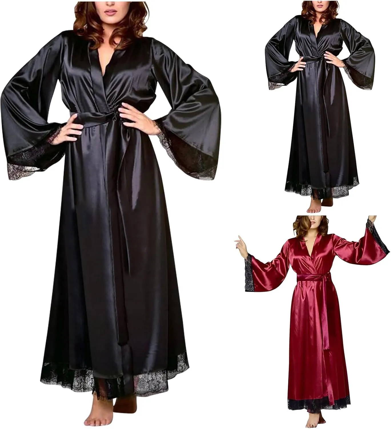 HGps8w Satin Robe for Women Silk Kimono Bathrobe Lace Splicing Bride Bridesmaids Long Wedding Party Lounge Sleepwear