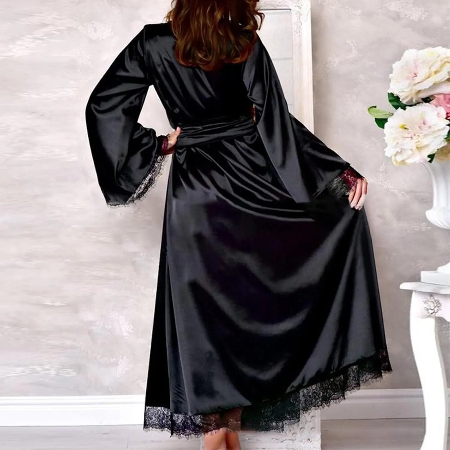 HGps8w Satin Robe for Women Silk Kimono Bathrobe Lace Splicing Bride Bridesmaids Long Wedding Party Lounge Sleepwear