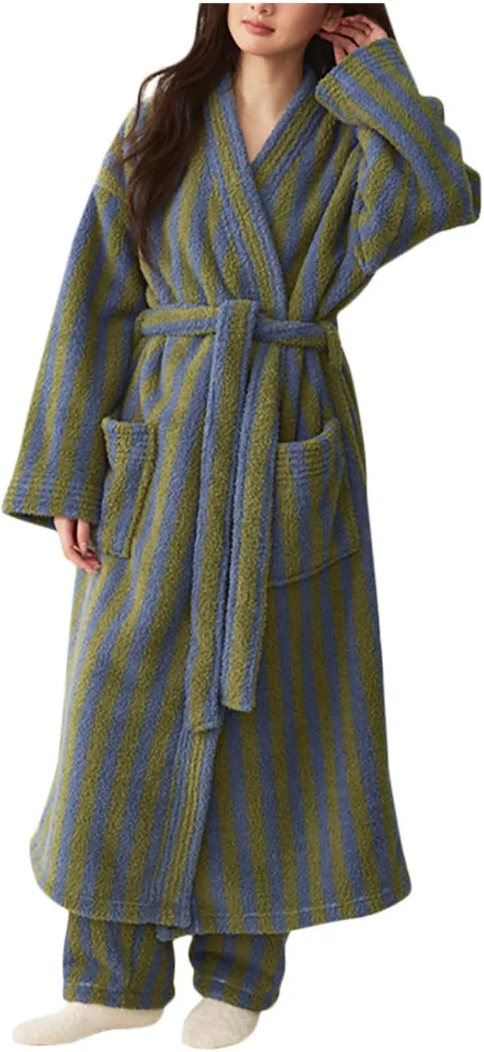 HGps8w Striped Fleece Robe for Women Comfy Fuzzy Soft Winter Bathrobes Long Plush Warm Sleepwear Nightgowns with Pockets