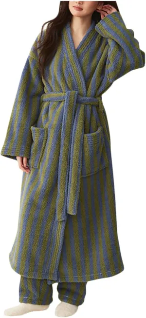 HGps8w Striped Fleece Robe for Women Comfy Fuzzy Soft Winter Bathrobes Long Plush Warm Sleepwear Nightgowns with Pockets