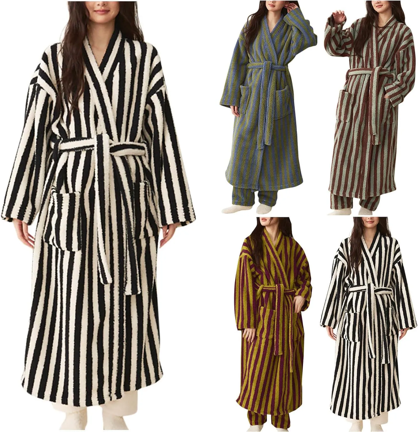 HGps8w Striped Fleece Robe for Women Comfy Fuzzy Soft Winter Bathrobes Long Plush Warm Sleepwear Nightgowns with Pockets