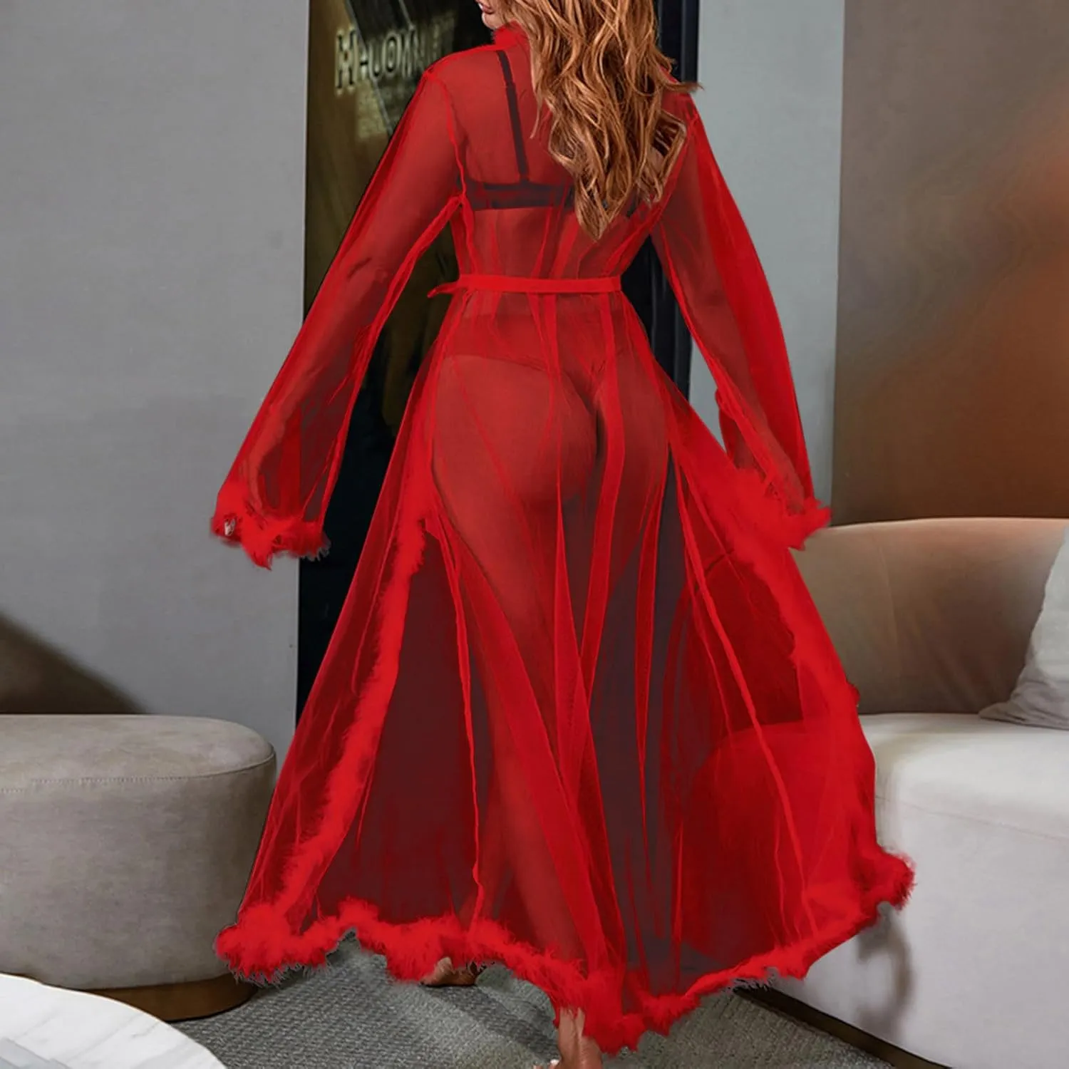 HGps8w Women's Feather Lingerie Robe Faux Fur Trim Sexy Long Sheer Kimono Bathrobe Bridal Wedding Day Nightgown