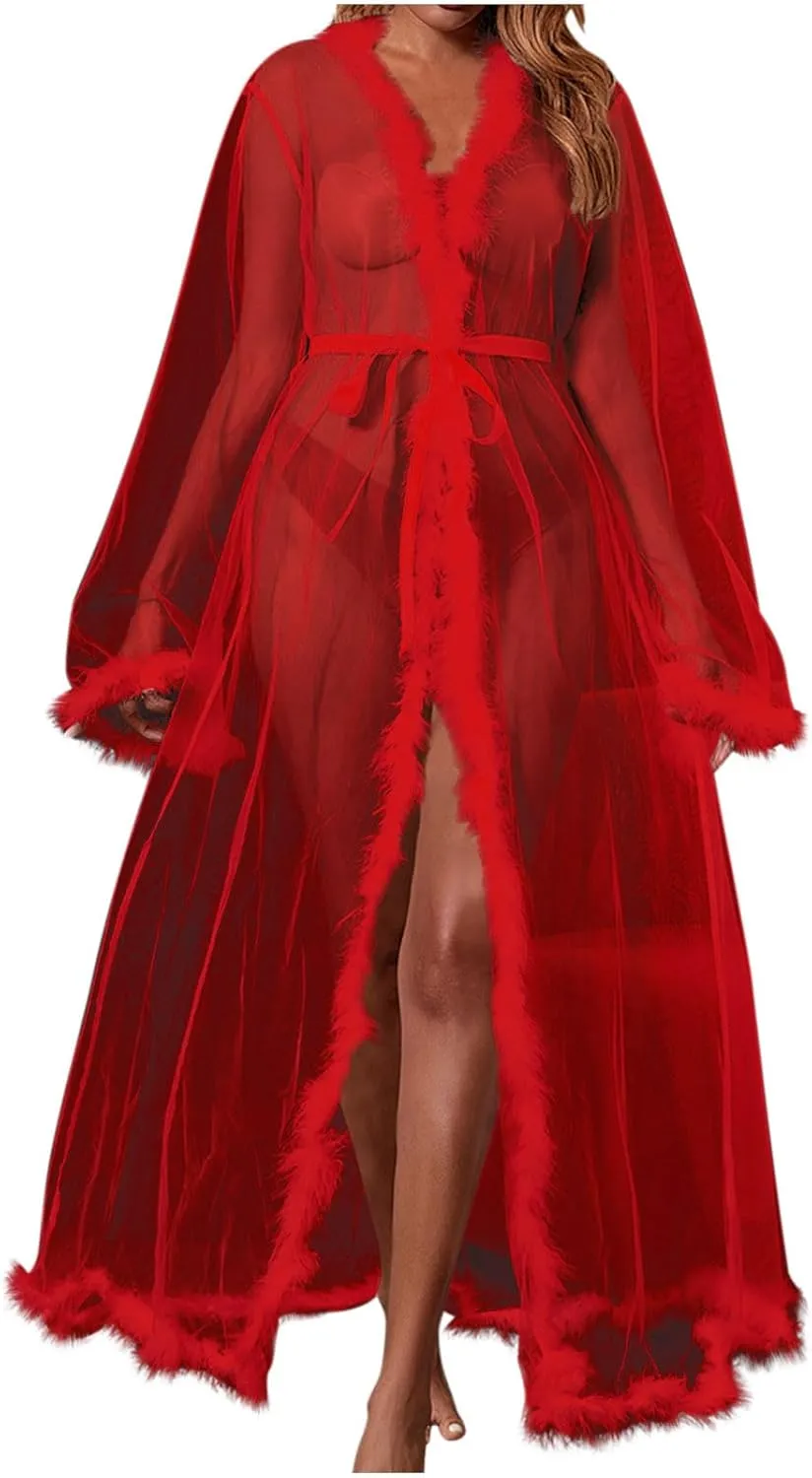 HGps8w Women's Feather Lingerie Robe Faux Fur Trim Sexy Long Sheer Kimono Bathrobe Bridal Wedding Day Nightgown
