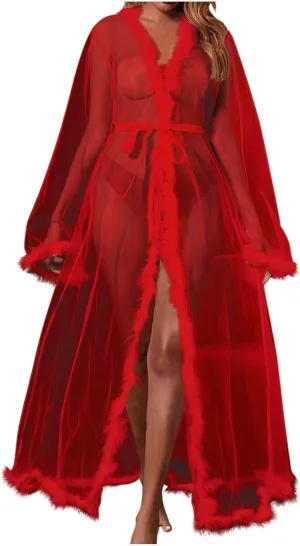 HGps8w Women's Feather Lingerie Robe Faux Fur Trim Sexy Long Sheer Kimono Bathrobe Bridal Wedding Day Nightgown