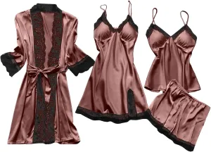 HGps8w Womens Smooth Satin Slik Pajama Sets Sexy Lace Trim Cami Shorts Nightgown Pj Set with Robe 4PCS Sleepwear
