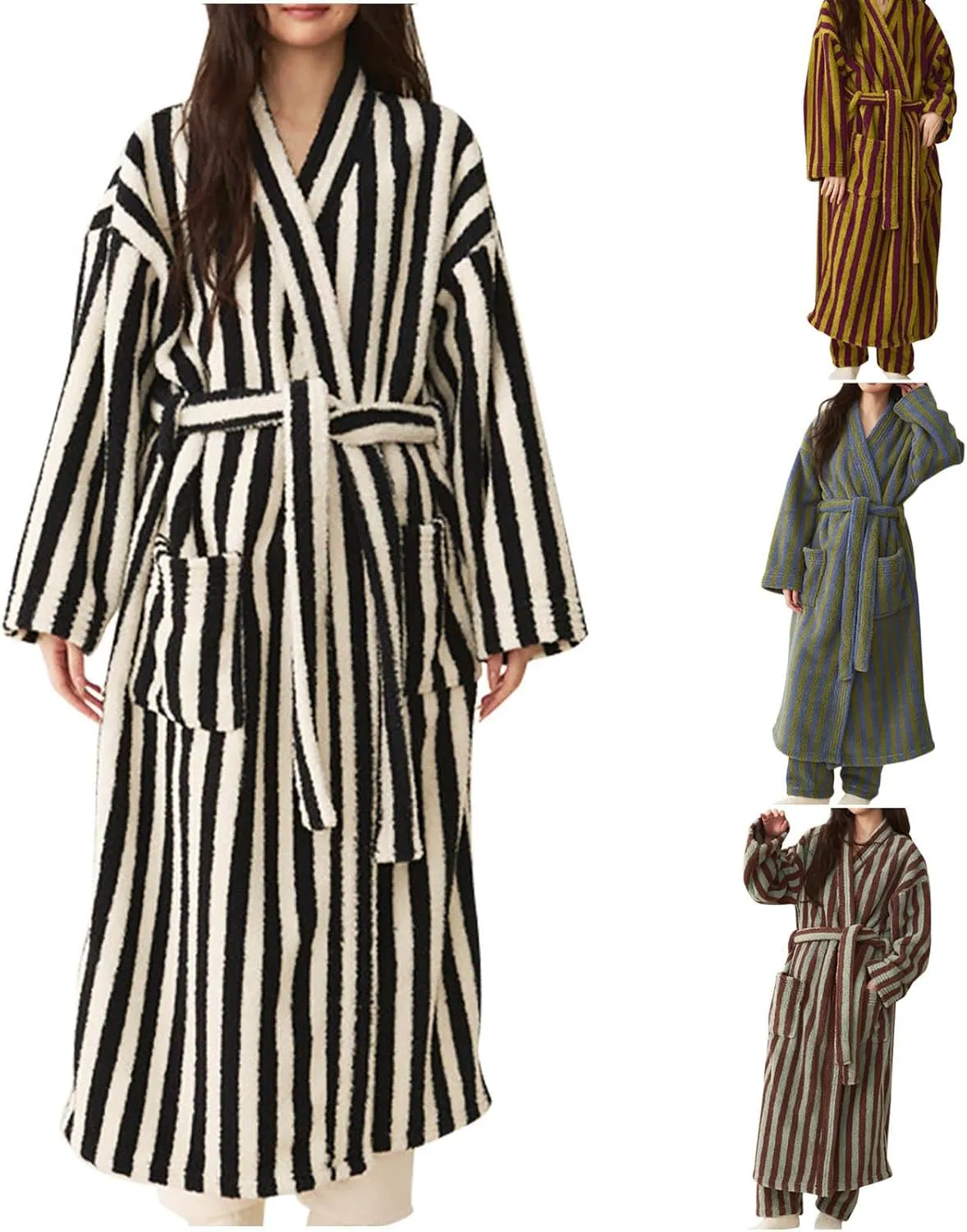HGps8w Womens Striped Plush Fleece Robe, Cozy Warm Shower Bathrobe Fuzzy Female Spa Robe With Pockets & Belt