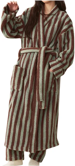 HGps8w Womens Striped Plush Fleece Robe, Cozy Warm Shower Bathrobe Fuzzy Female Spa Robe With Pockets & Belt