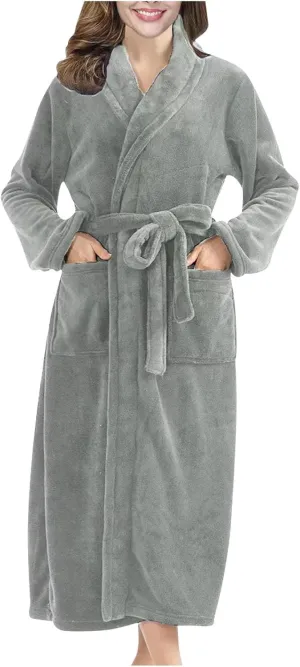 HGps8w Womens Winter Flannel Robe, Cozy Warm Plush Fleece Bathrobe Fuzzy Female Spa Robe With Pockets & Belt