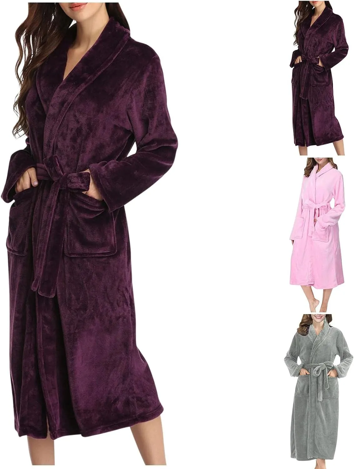 HGps8w Womens Winter Flannel Robe, Cozy Warm Plush Fleece Bathrobe Fuzzy Female Spa Robe With Pockets & Belt