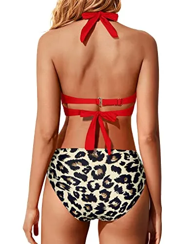 High Cut Ruched Tummy Control Bathing Suit Bottom With High Rise Bikini Set-Red And Leopard