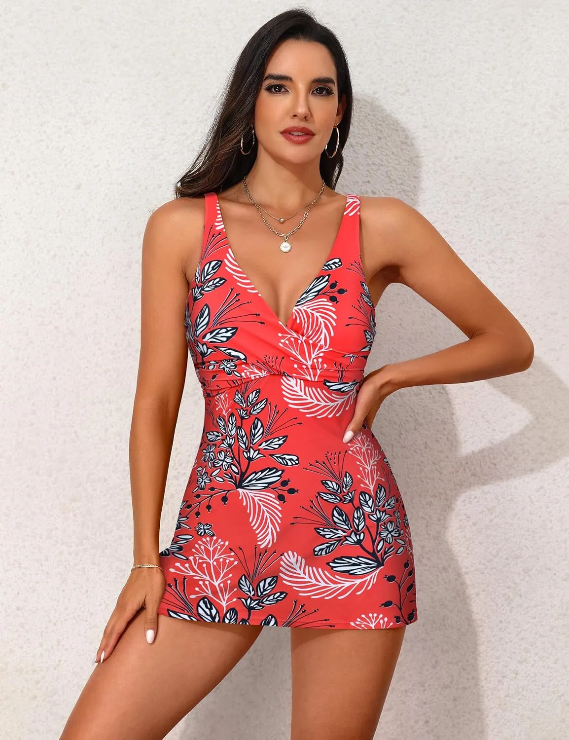 Hilor Women's Underwire One Piece Swimsuits Twist Front Swimdress Tummy Control Bathing Suit Swim Dress