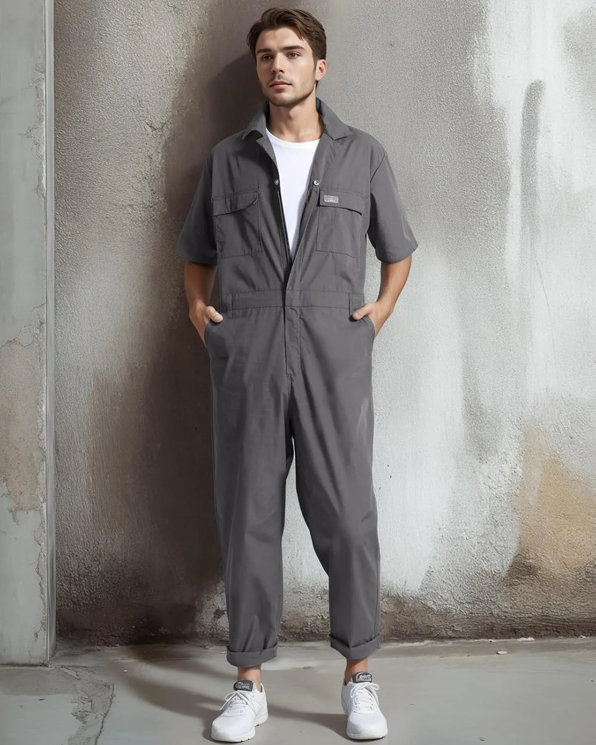 HISEA Men's Short Sleeve Zip Up Coverall, Twill Stain & Wrinkle Resistant Mens Work Coverall with Multi Pockets