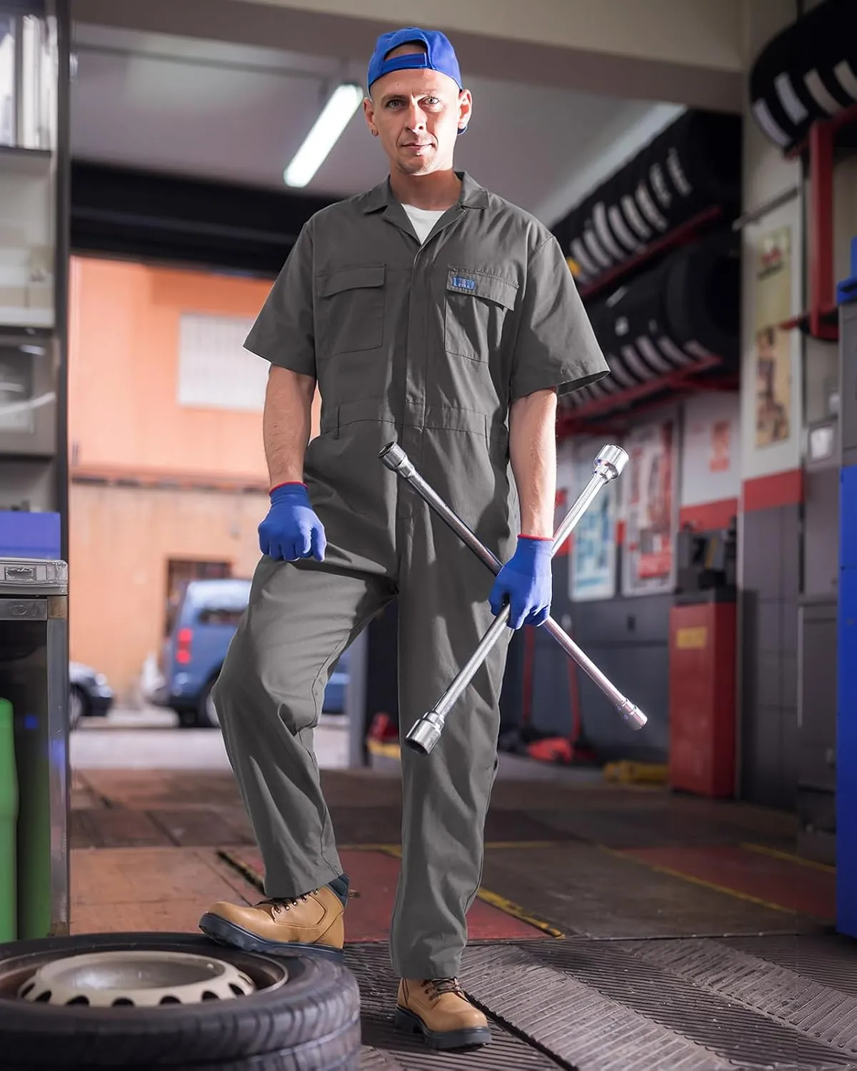 HISEA Men's Short Sleeve Zip Up Coverall, Twill Stain & Wrinkle Resistant Mens Work Coverall with Multi Pockets