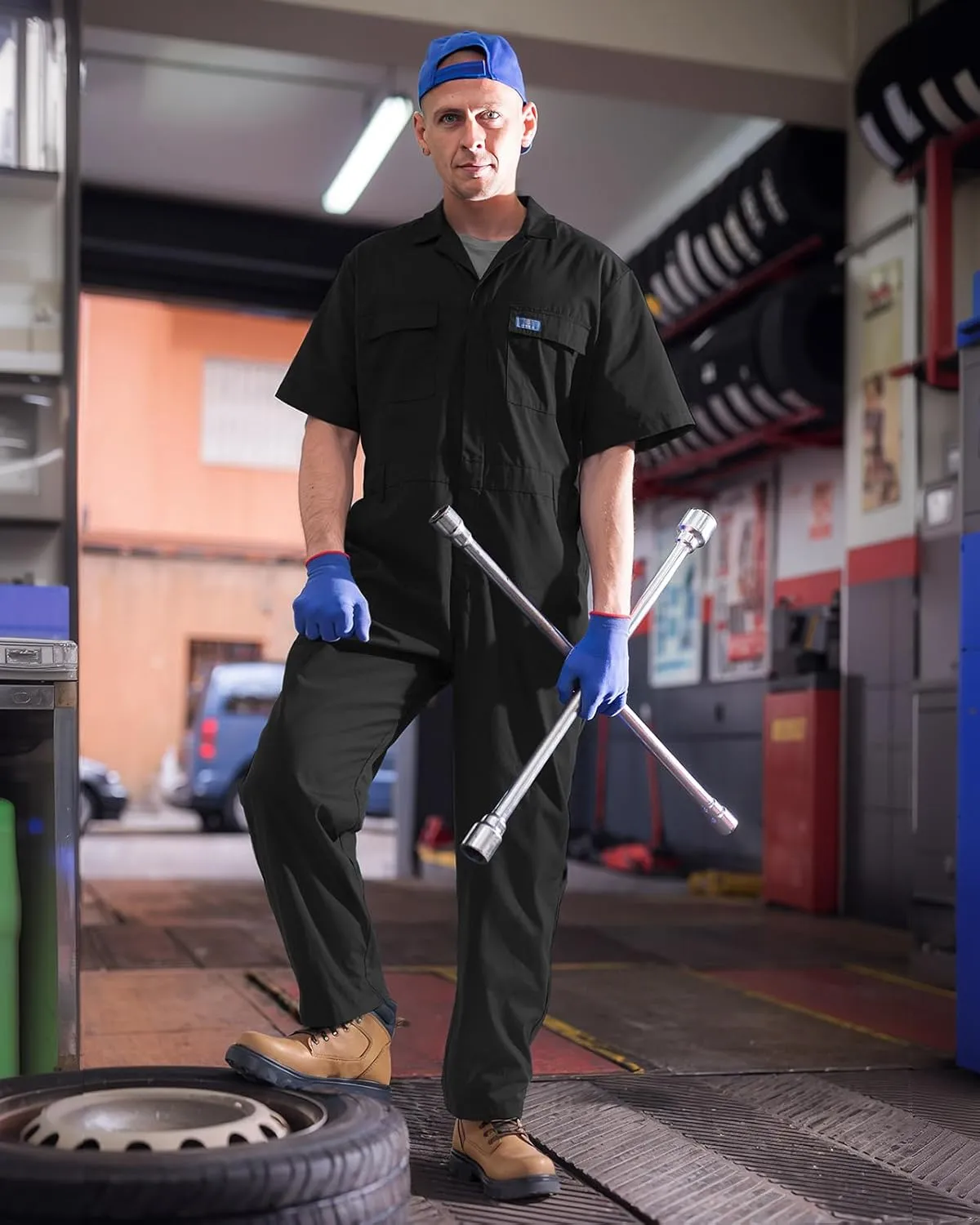 HISEA Men's Short Sleeve Zip Up Coverall, Twill Stain & Wrinkle Resistant Mens Work Coverall with Multi Pockets