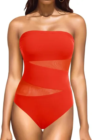 Holipick Strapless One Piece Swimsuits for Women Bandeau Bathing Suits Mesh Cutout Swimwear