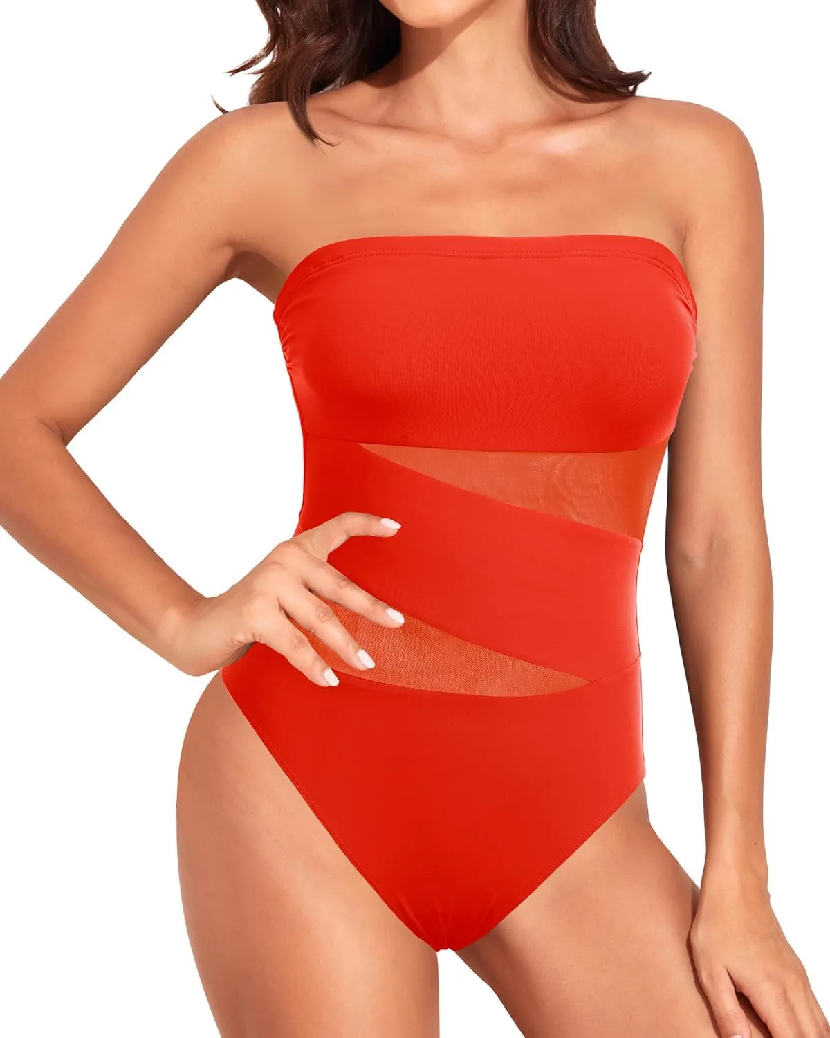 Holipick Strapless One Piece Swimsuits for Women Bandeau Bathing Suits Mesh Cutout Swimwear