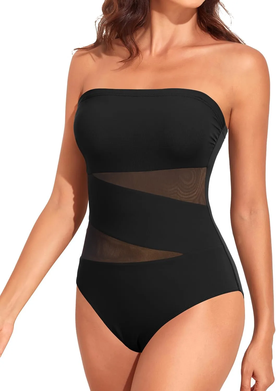 Holipick Strapless One Piece Swimsuits for Women Bandeau Bathing Suits Mesh Cutout Swimwear