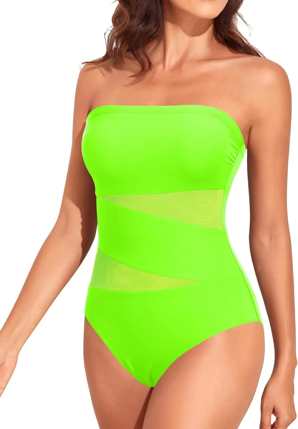 Holipick Strapless One Piece Swimsuits for Women Bandeau Bathing Suits Mesh Cutout Swimwear
