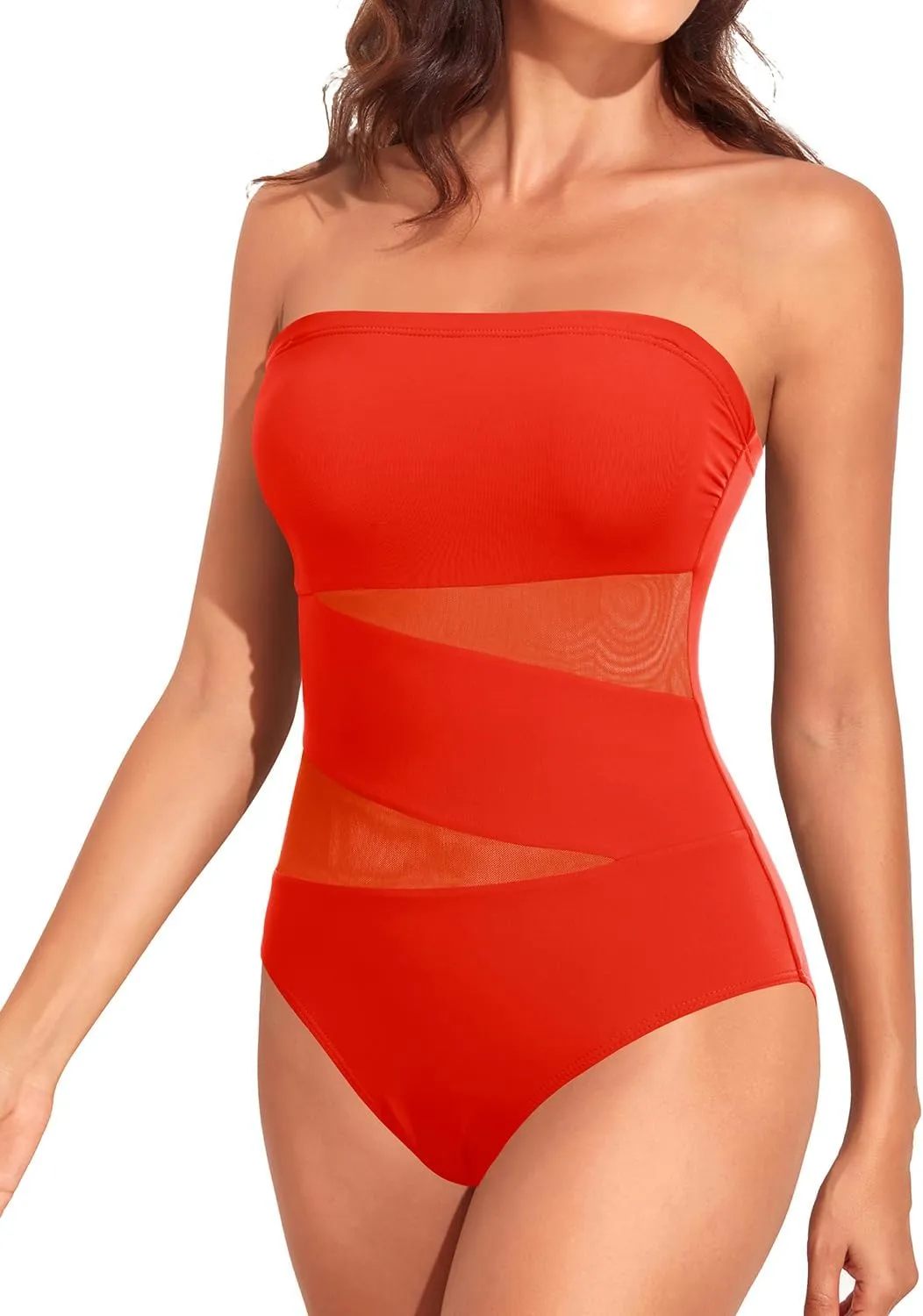 Holipick Strapless One Piece Swimsuits for Women Bandeau Bathing Suits Mesh Cutout Swimwear
