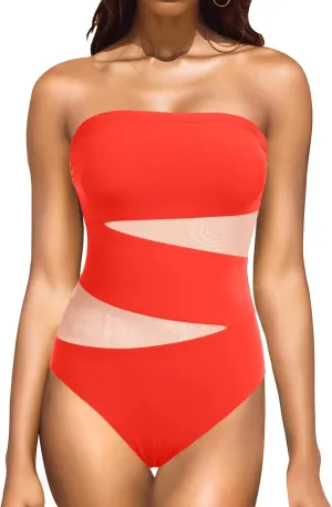 Holipick Strapless One Piece Swimsuits for Women Bandeau Bathing Suits Mesh Cutout Swimwear