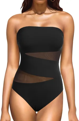 Holipick Strapless One Piece Swimsuits for Women Bandeau Bathing Suits Mesh Cutout Swimwear