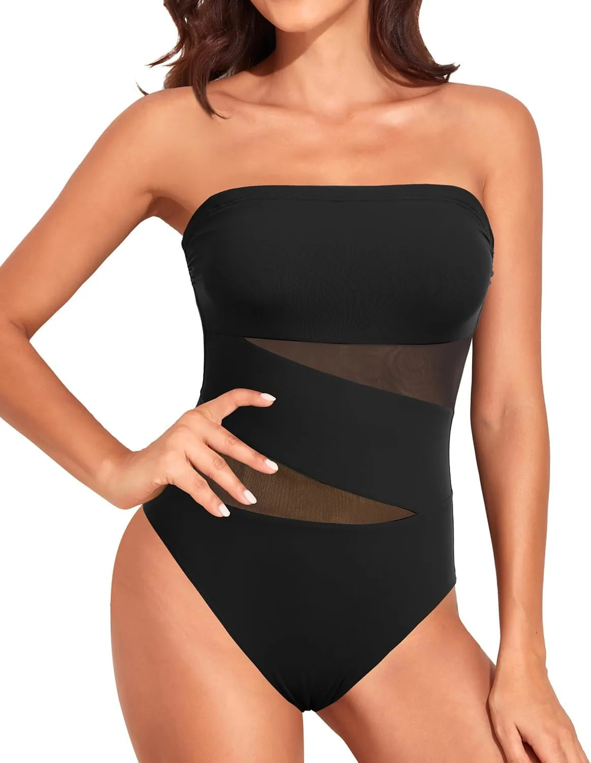 Holipick Strapless One Piece Swimsuits for Women Bandeau Bathing Suits Mesh Cutout Swimwear