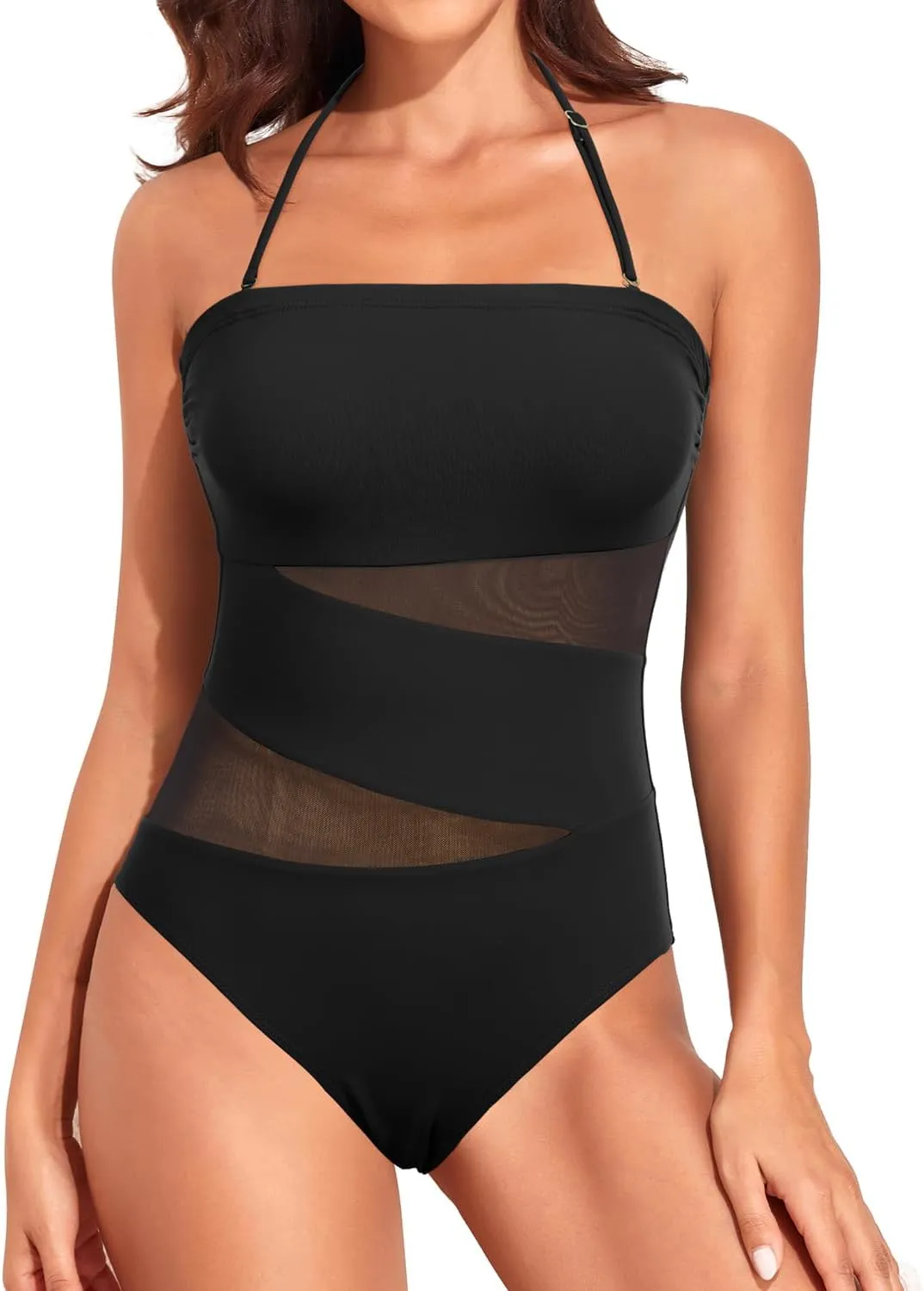 Holipick Strapless One Piece Swimsuits for Women Bandeau Bathing Suits Mesh Cutout Swimwear