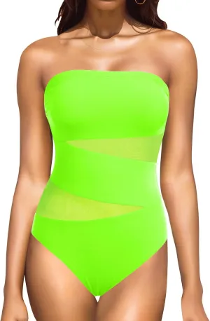 Holipick Strapless One Piece Swimsuits for Women Bandeau Bathing Suits Mesh Cutout Swimwear