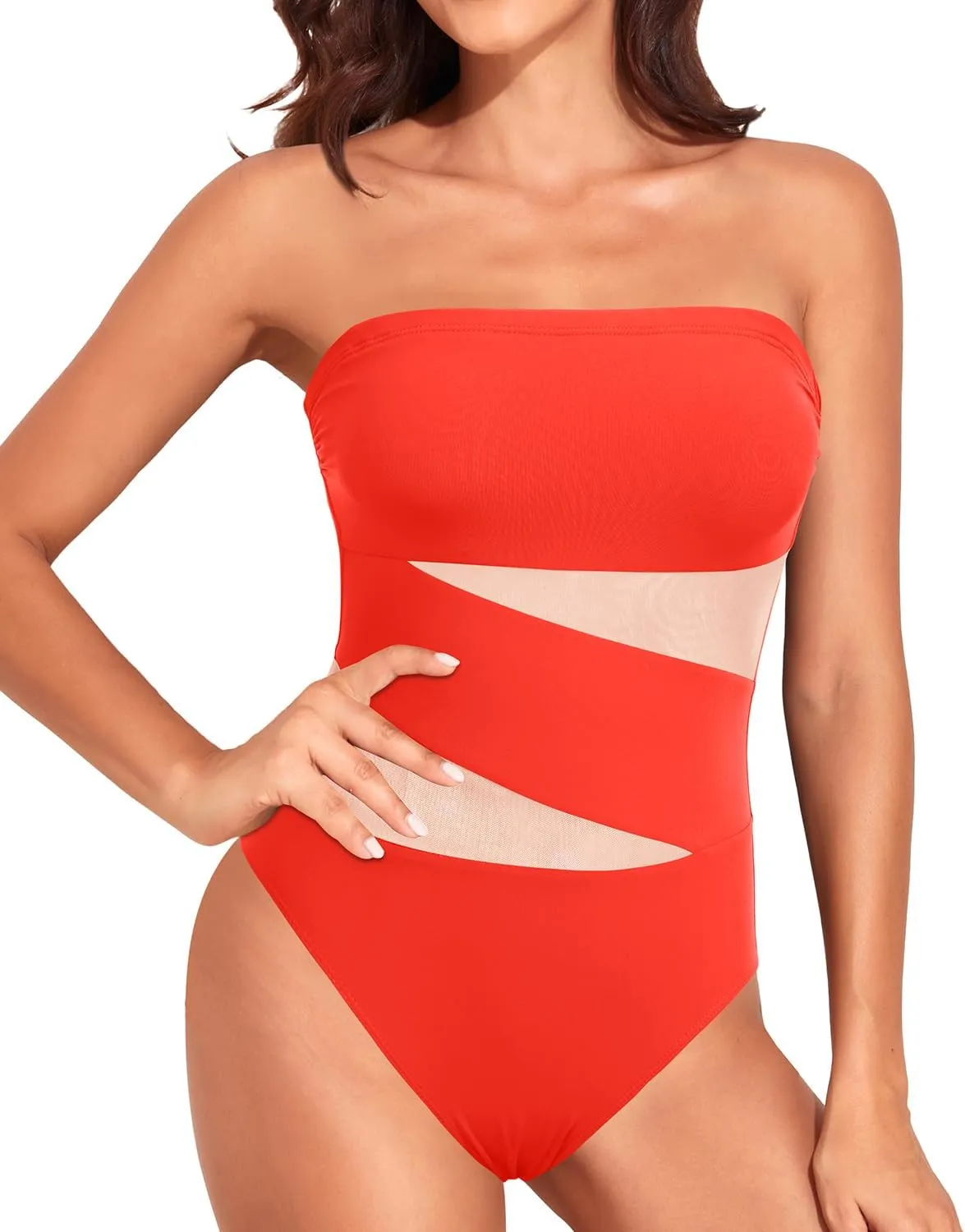 Holipick Strapless One Piece Swimsuits for Women Bandeau Bathing Suits Mesh Cutout Swimwear