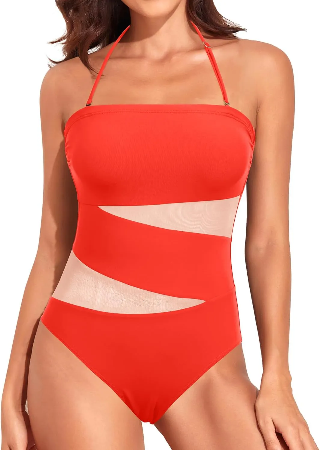 Holipick Strapless One Piece Swimsuits for Women Bandeau Bathing Suits Mesh Cutout Swimwear