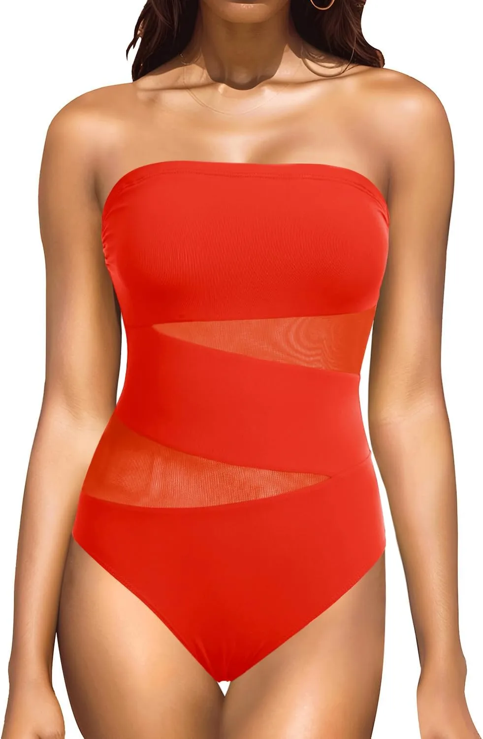 Holipick Strapless One Piece Swimsuits for Women Bandeau Bathing Suits Mesh Cutout Swimwear