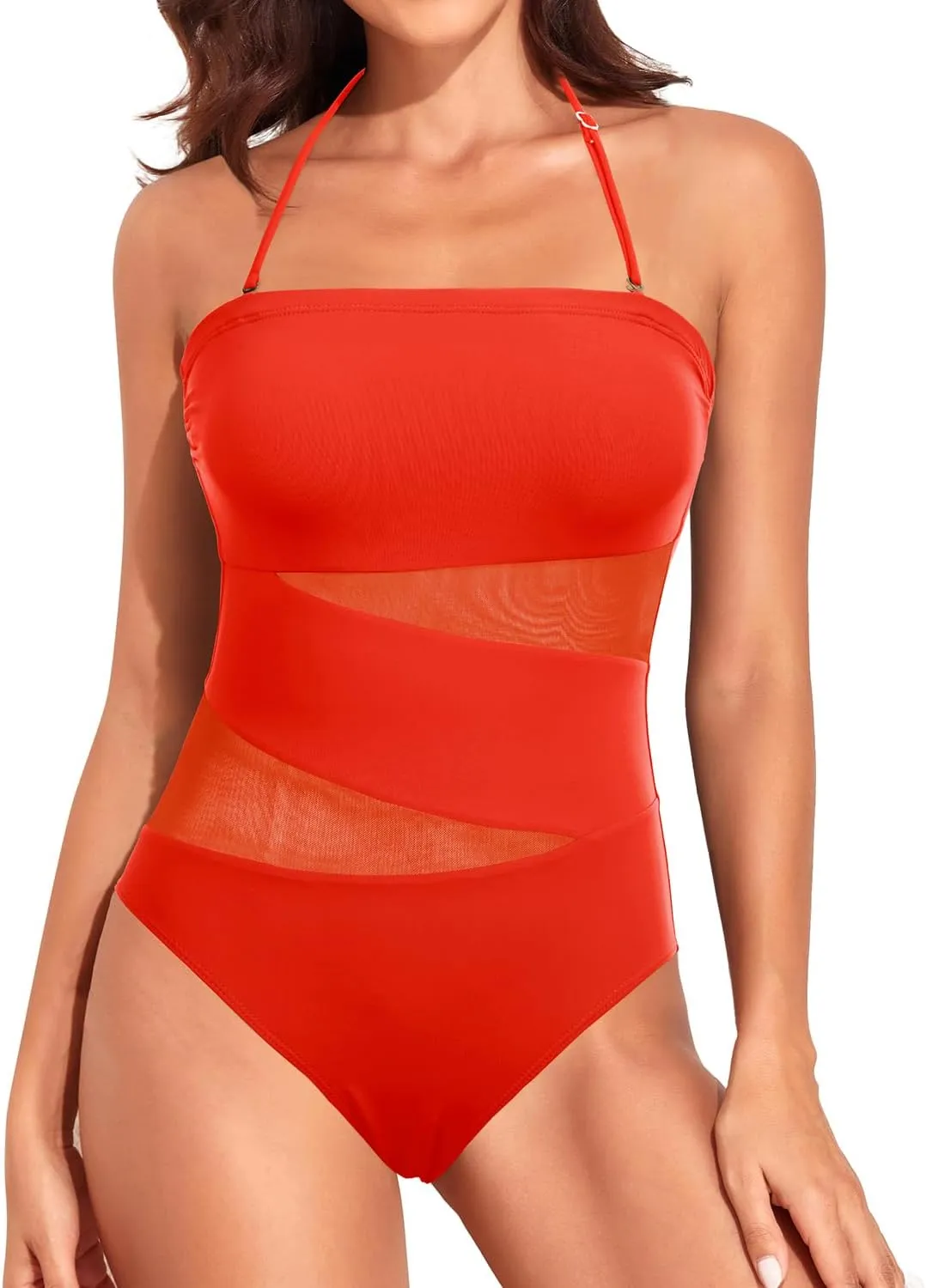Holipick Strapless One Piece Swimsuits for Women Bandeau Bathing Suits Mesh Cutout Swimwear