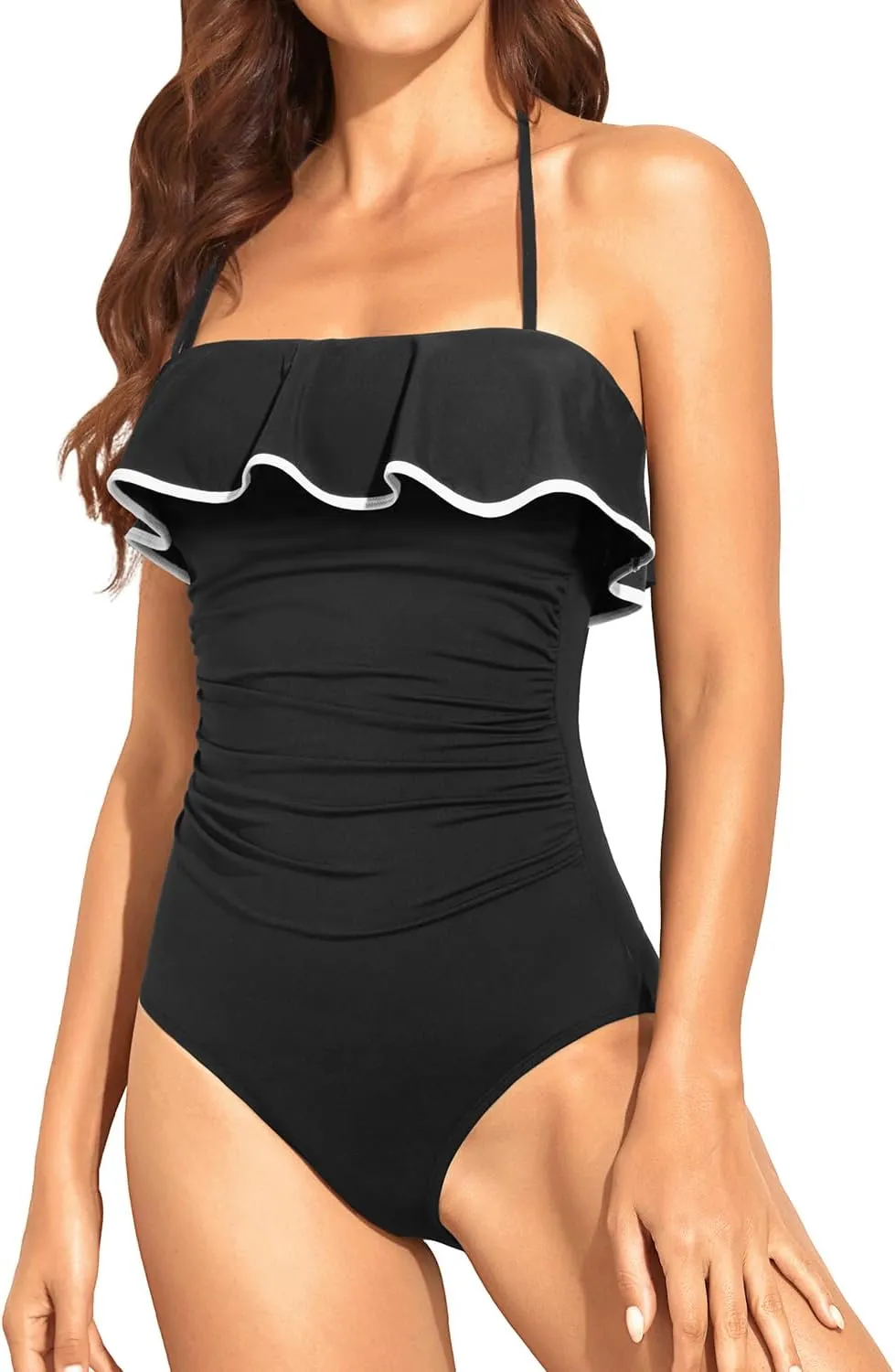 Holipick Strapless One Piece Swimsuits for Women Tummy Control Bandeau Bathing Suits Ruffle Slimming Swimwear