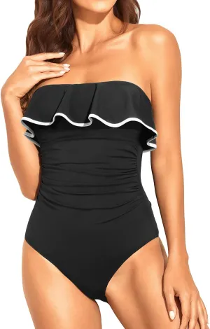 Holipick Strapless One Piece Swimsuits for Women Tummy Control Bandeau Bathing Suits Ruffle Slimming Swimwear