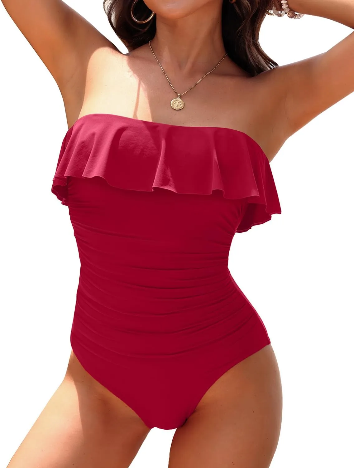 Holipick Strapless One Piece Swimsuits for Women Tummy Control Bandeau Bathing Suits Ruffle Slimming Swimwear