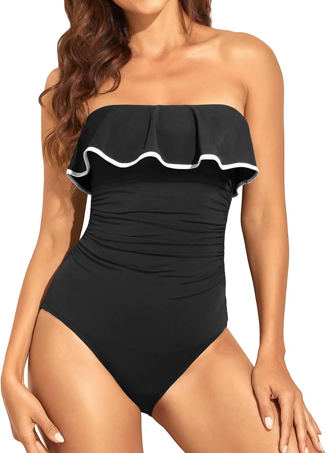 Holipick Strapless One Piece Swimsuits for Women Tummy Control Bandeau Bathing Suits Ruffle Slimming Swimwear