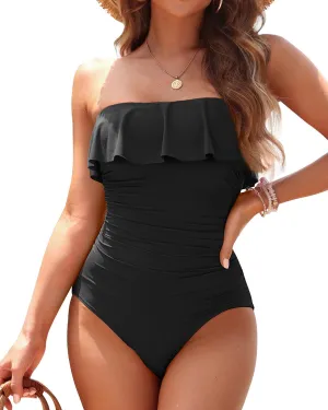 Holipick Strapless One Piece Swimsuits for Women Tummy Control Bandeau Bathing Suits Ruffle Slimming Swimwear