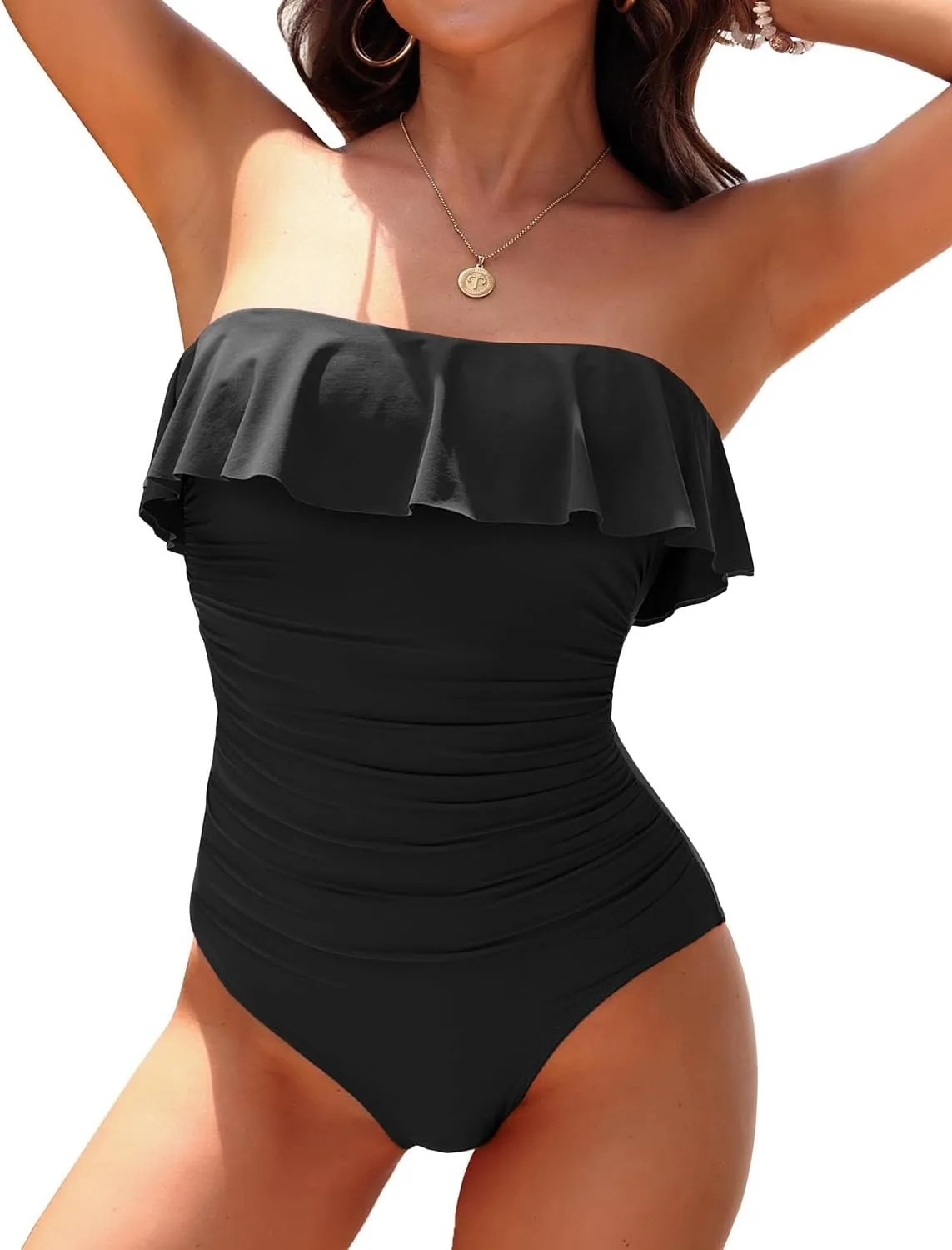 Holipick Strapless One Piece Swimsuits for Women Tummy Control Bandeau Bathing Suits Ruffle Slimming Swimwear