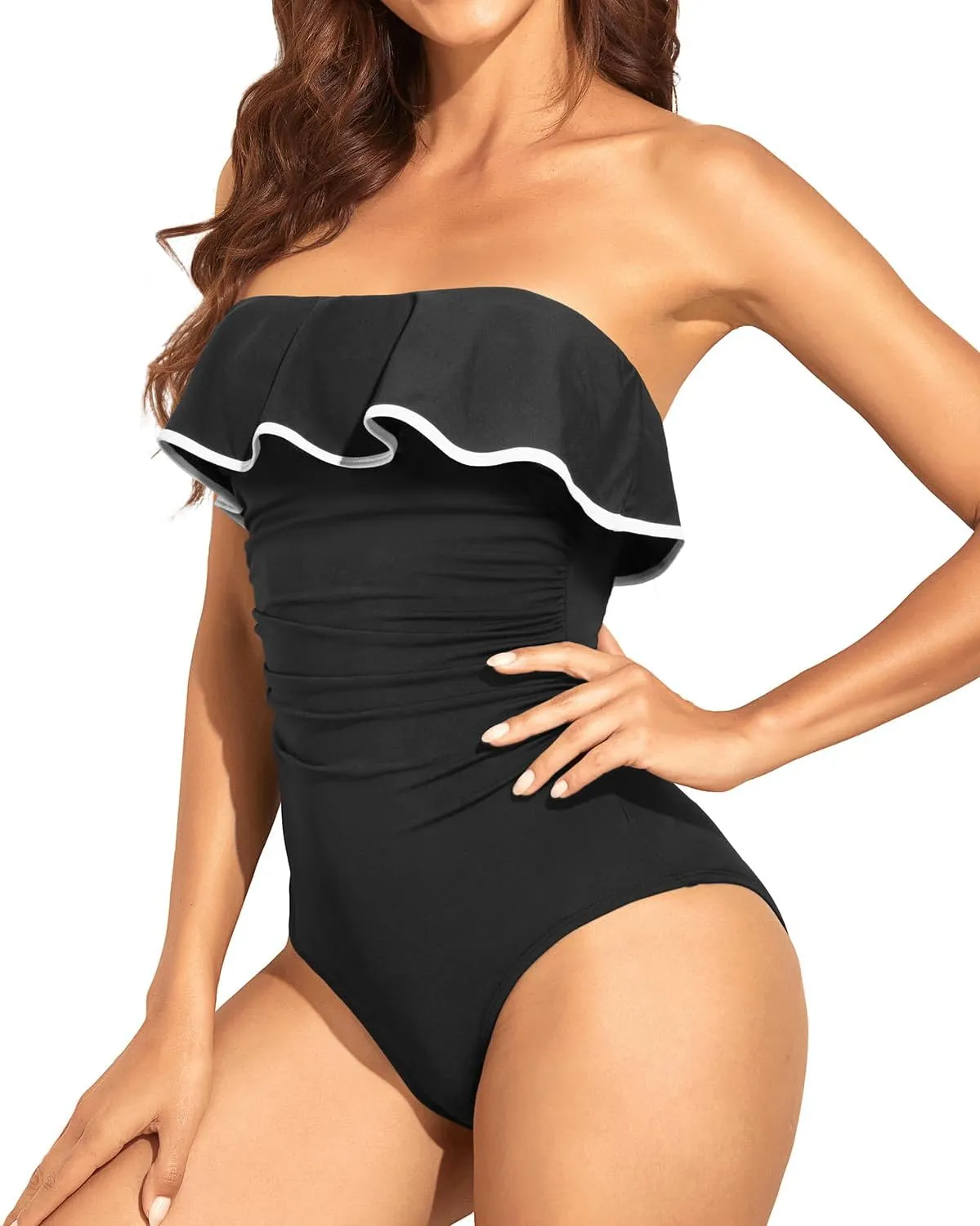 Holipick Strapless One Piece Swimsuits for Women Tummy Control Bandeau Bathing Suits Ruffle Slimming Swimwear