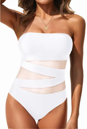 Holipick Women Strapless Bandeau One Piece Swimsuits Sexy Mesh Cutout Bathing Suits Tummy Control Swimwear