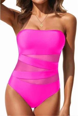 Holipick Women Strapless Bandeau One Piece Swimsuits Sexy Mesh Cutout Bathing Suits Tummy Control Swimwear
