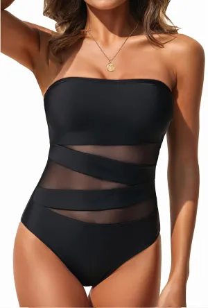 Holipick Women Strapless Bandeau One Piece Swimsuits Sexy Mesh Cutout Bathing Suits Tummy Control Swimwear