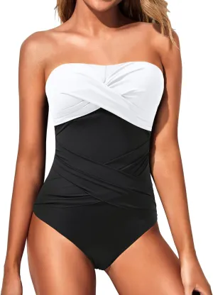 Holipick Women Strapless One Piece Swimsuits Tummy Control Bandeau Bathing Suits Retro Slimming Swimwear